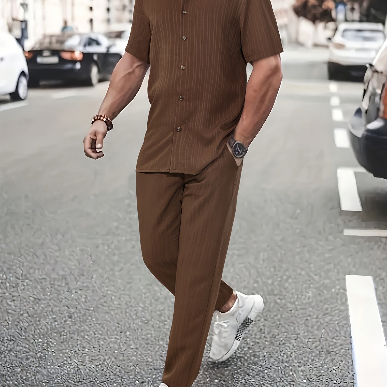 Men's New Trendy Textured Wave Stripe Short Sleeve Long Pants Casual Suit