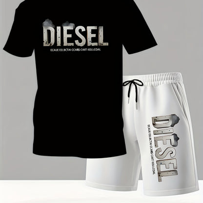 Summer Men'S Casual Sports Short Sleeve T-Shirt and Shorts Set, Comfortable Breathable, Suitable for Outdoor Jogging Running Fitness, Diesel Letter Print Design - 2pcs Set