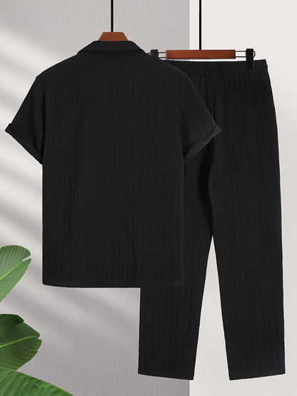 New Men's Colorful French Stripe Short Sleeve Shirt and Trousers Set