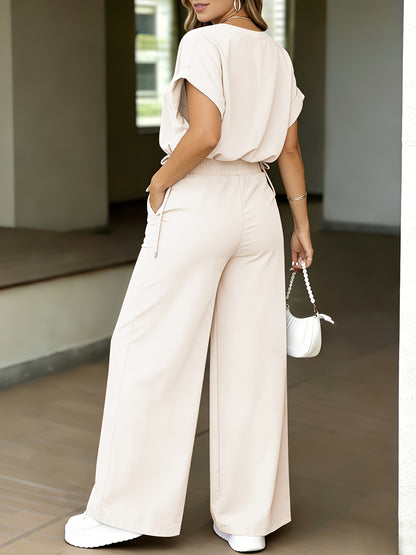 Women's Casual Solid Color Loose-Fit Top & High-Waist Pants Set