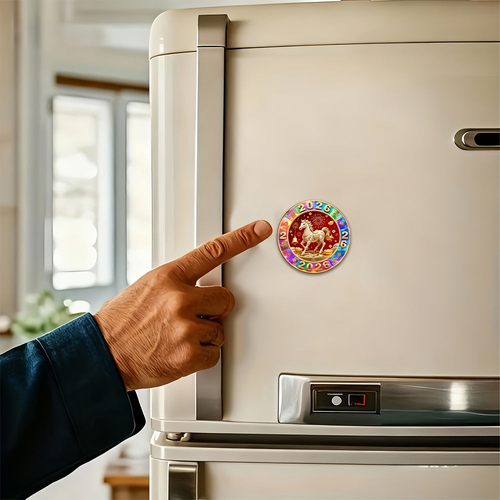 1pc Large Happy New Year Magnet - Chinese New Year Decoration with Horses, Golden & Red Accents - Acrylic Kitchen, Fridge, Office, Cabinet, Dishwasher, Decorative Magnet | Traditional Design | Durable Magnet
