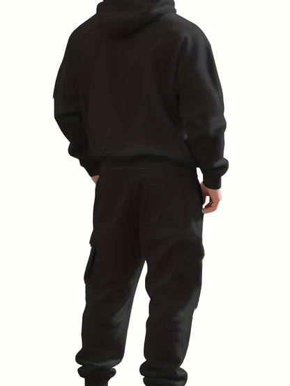 Men's Fashion Casual Sportswear Set with Cardigan, Multi-Pocket Decorative Sweatshirt, Hooded Top and Bottoms