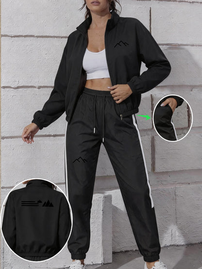 Women's Spring/Fall Trench Coat and Trousers Set with Print
