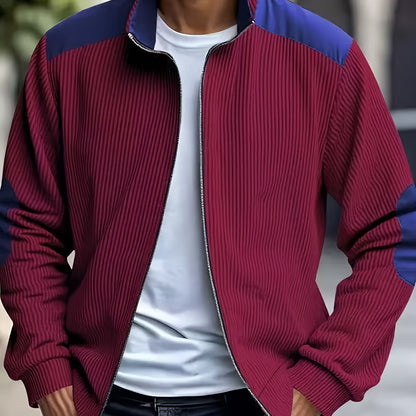 Men'S Long Sleeve Patchwork Fashion Warm Jacket, Corduroy Long Sleeve Warm Coat with Zipper Stand Collar Long Sleeve Casual Comfortable Autumn and Winter Style