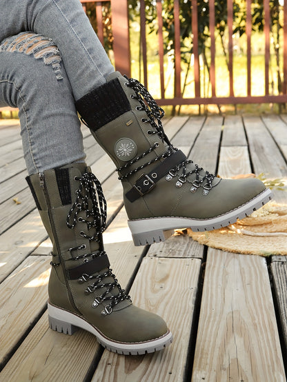 Women'S Comfortable Knitted Mid-Calf Winter Boots - Anti-Slip Side Zipper Lace-Up Design, Thick Sole, Fleece-Lined Retro Style in Black/Brown/Beige/Red/White for Casual Wear, Women Cowboy Boots, Women Winter Boots, Women Autu