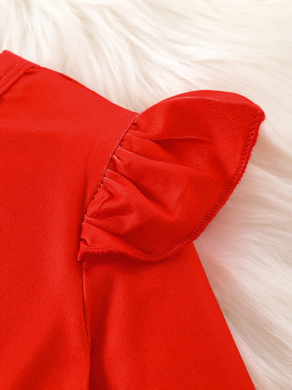 Girls' Christmas Party Dress - Long Sleeve Ruffled Hem Mid-Length Red Dress with Merry Christmas Print, Snowflakes & Santa Hats - Casual Holiday Outfit for Autumn & Winter Festive Celebrations, Durable Construction, Quality S