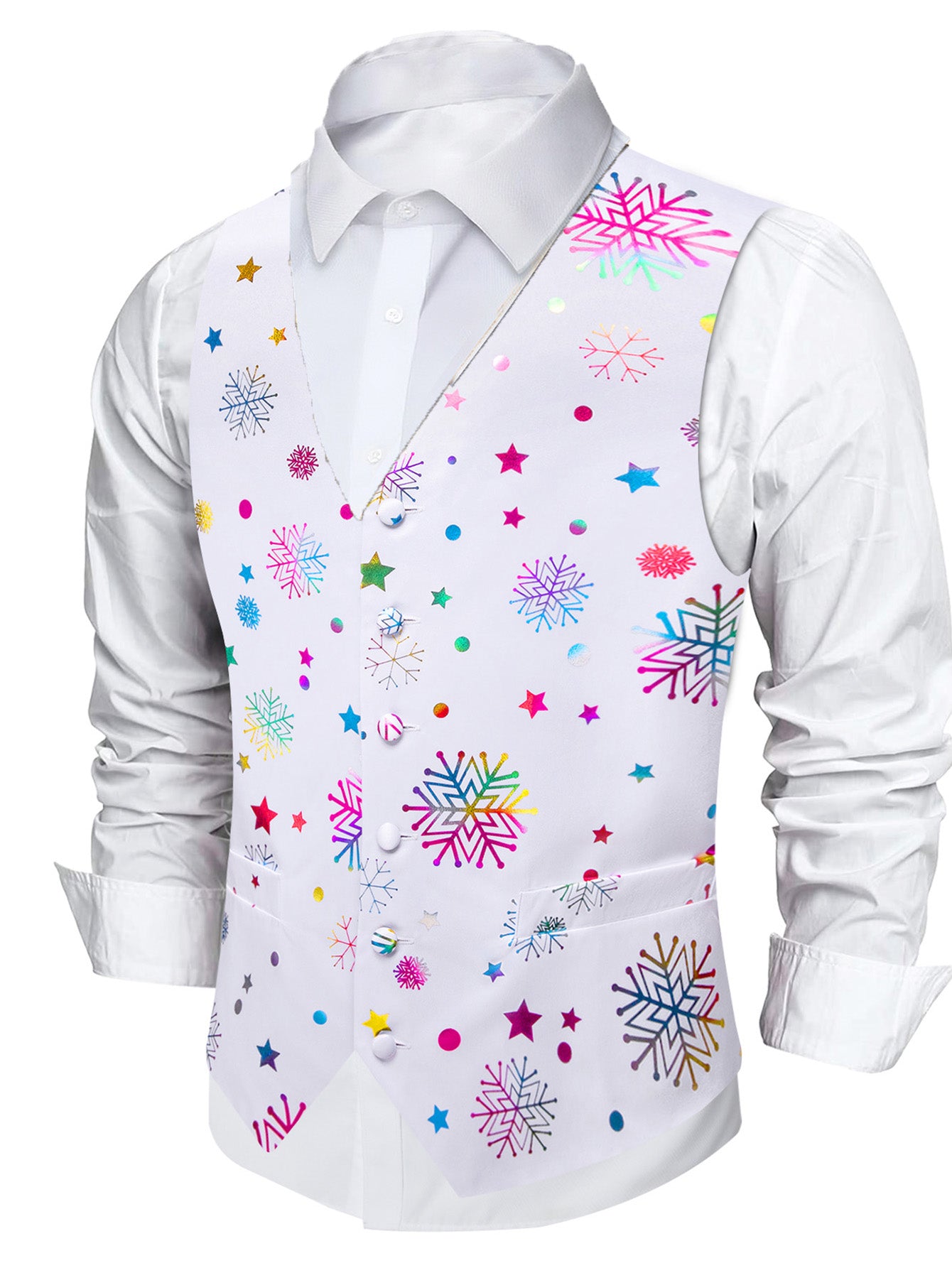 DOCAPEITON Men'S Christmas Vest - Formal & Casual Holiday Party Outfit with Button Front Closure, Non-Stretch Fabric - Green & Golden Snowflake, Tree, Firework Designs - Perfect for Xmas, New Year's, Weddings - Adult Men'S Fe