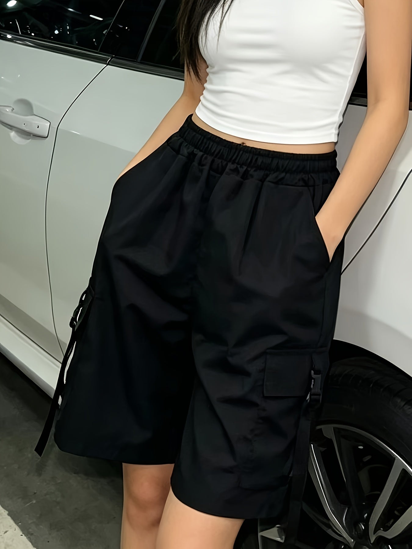 Women’s Summer High-Waisted Black Overalls Casual Shorts