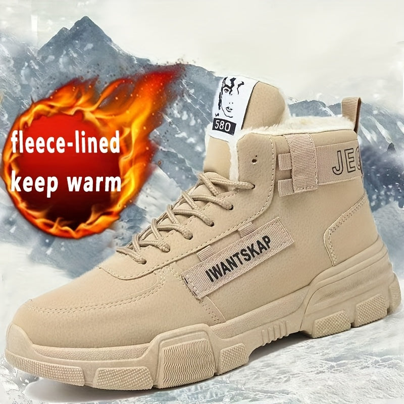 Men'S Winter Boots - Thermal Insulated Anti-Slip Snow Shoes with Cushioned Insole, Beige/Tan Cold Weather Boots for Ice, Snow, and Everyday - Lace-Up Ankle Support, Durable PVC Outsole - Ideal for Hiking, Urban Commute, and O