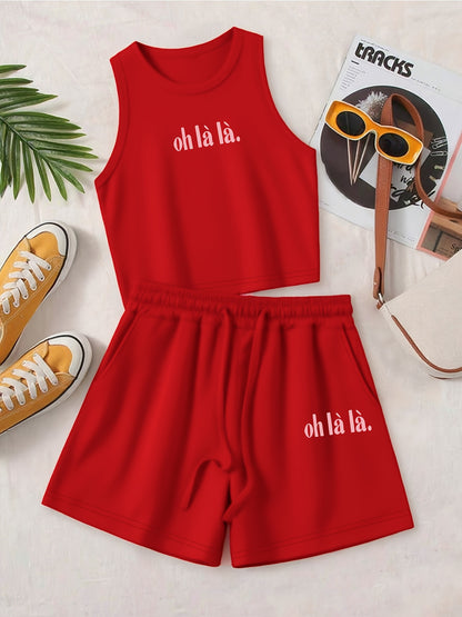Women's Casual Two-Piece Set with English Print and Wide Leg Pants