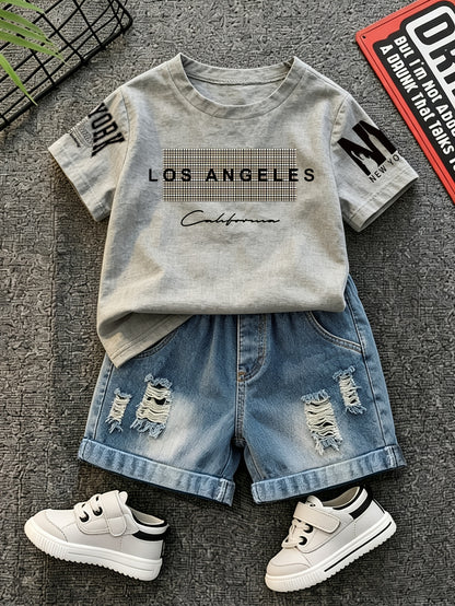 Summer Boys Los Angeles Print T-Shirt & Distressed Shorts Set