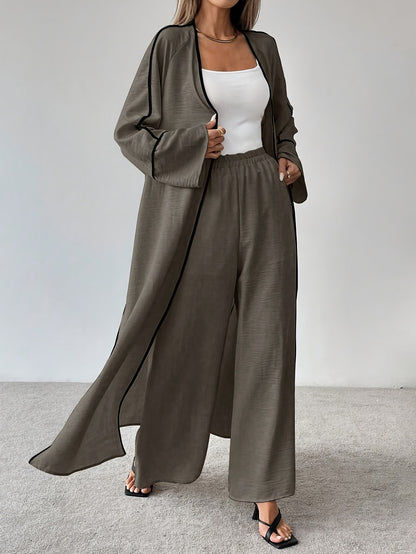 Women'S Elegant Fashion Work Casual Two-Piece Set - Long Sleeve Cardigan with Color Block Detail and Wide-Leg Pants, Loose Fit, All-Season Wear, Stylish Work Attire|Casual Style|Color Block Detail