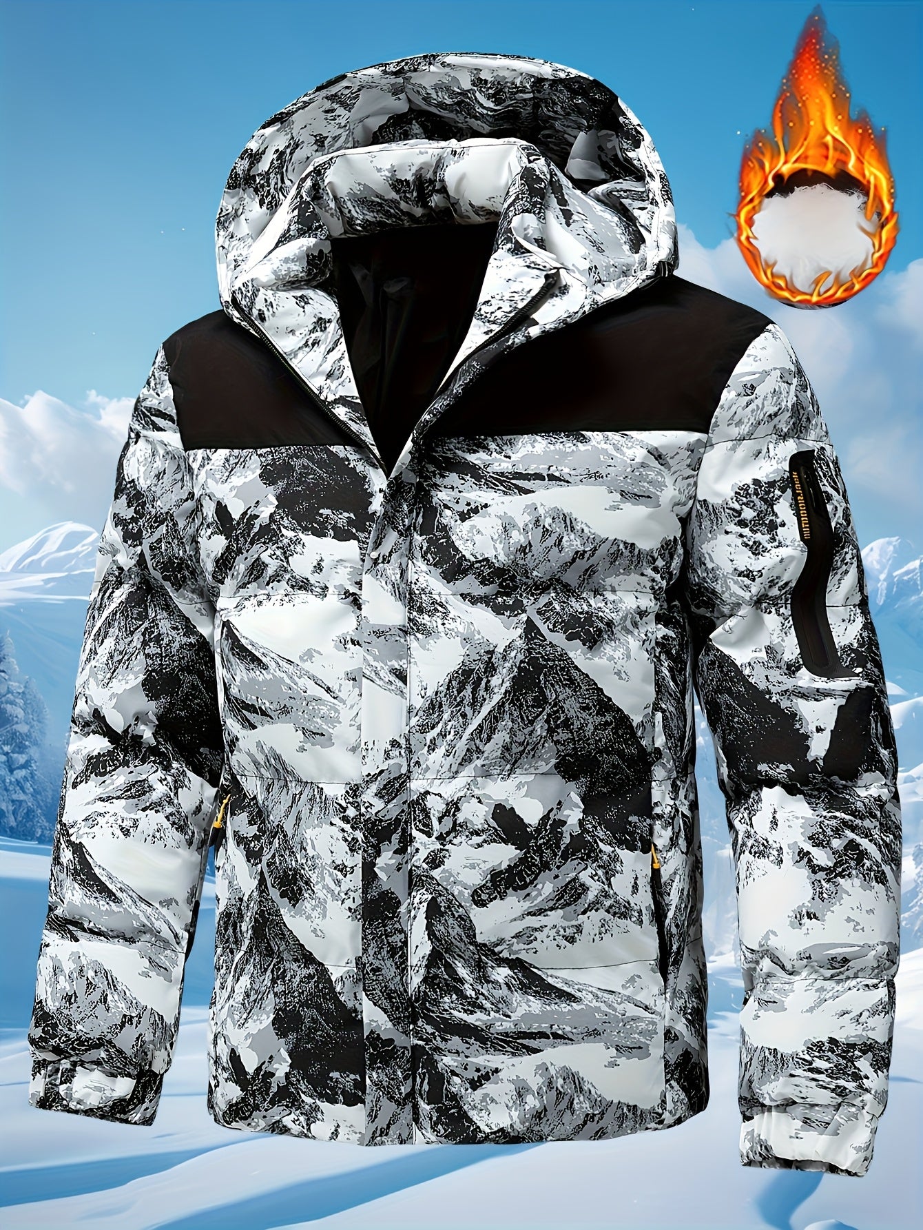 Men'S Heavyweight Winter Jacket - Windproof Thermal Insulated Hooded Coat with Full-Zip Closure, Adjustable Hood & Zippered Arm Pockets - Cold Weather Skiing, Snowboarding, Outdoor Activities - Black/White Camo Pattern - Poly