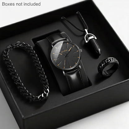 Men'S Luxury Quartz Wristwatch and Jewelry Set | Black Analog Watch with Dual Display, Includes Matching Bracelet, Necklace, and Ring - Ideal for Birthdays, Christmas, Ramadan