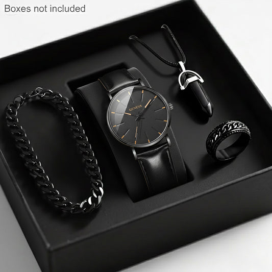 Men'S Luxury Quartz Wristwatch and Jewelry Set | Black Analog Watch with Dual Display, Includes Matching Bracelet, Necklace, and Ring - Ideal for Birthdays, Christmas, Ramadan