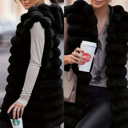 Women'S Cozy Faux Fur Hooded Vest - Sleeveless, Black, Casual Style, Perfect for Fall/Winter, Casual Winter Wear | Hooded Vest | Soft Texture Vest
