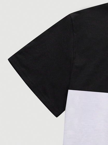 Men's Round Neck T-Shirt, Three-Color Patchwork Top with Asymmetric Double Stripes, Trendy Comfortable Breathable High-Quality Factory-Made Casual Fit