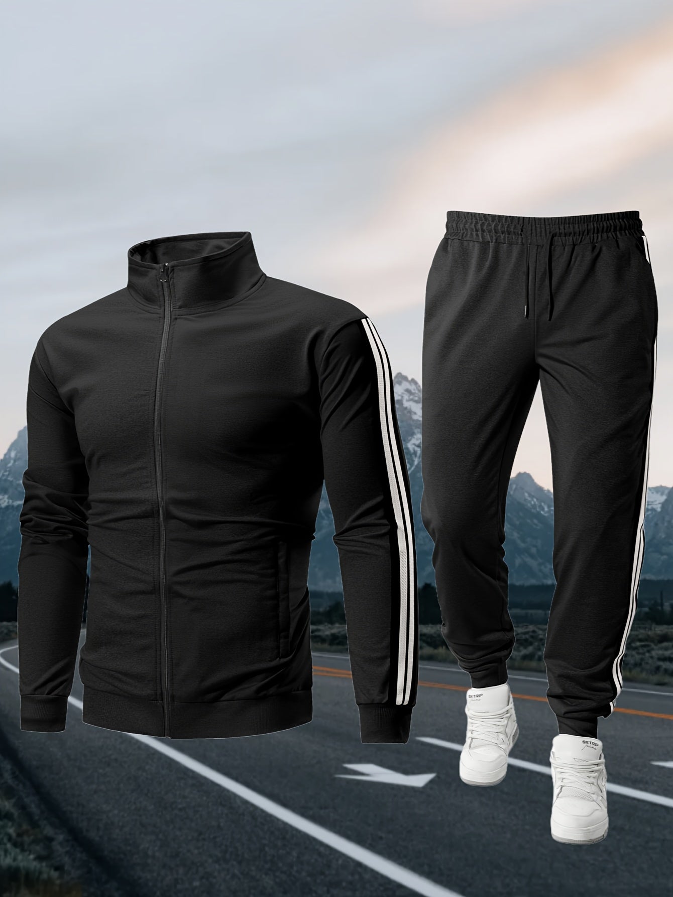 Men's Spring/Fall Casual Sportswear Set with Striped Joggers