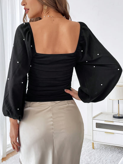 Women's Elegant Pearl-Adorned Square Neck Puff Sleeve Blouse - Short Ruffled Hem Red Top, Solid Burgundy Shirt for Spring/Fall, Semi-Formal & Casual Attire, Machine Washable with Pearl Buttons & Layered Ruffled Sleeves, Struc