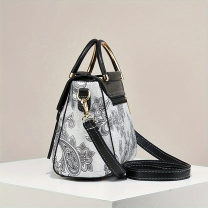 Elegant Floral Print Women'S Crossbody Bag with Magnetic Closure, Adjustable Strap, and Metal Swan Heart Charm, Synthetic Faux Leather Shoulder Purse with Polyester Lining and Painted Edges, Ladies Bag