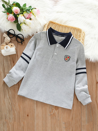 Boys' Long-Sleeve Lapel Cotton T-Shirt for School Uniforms
