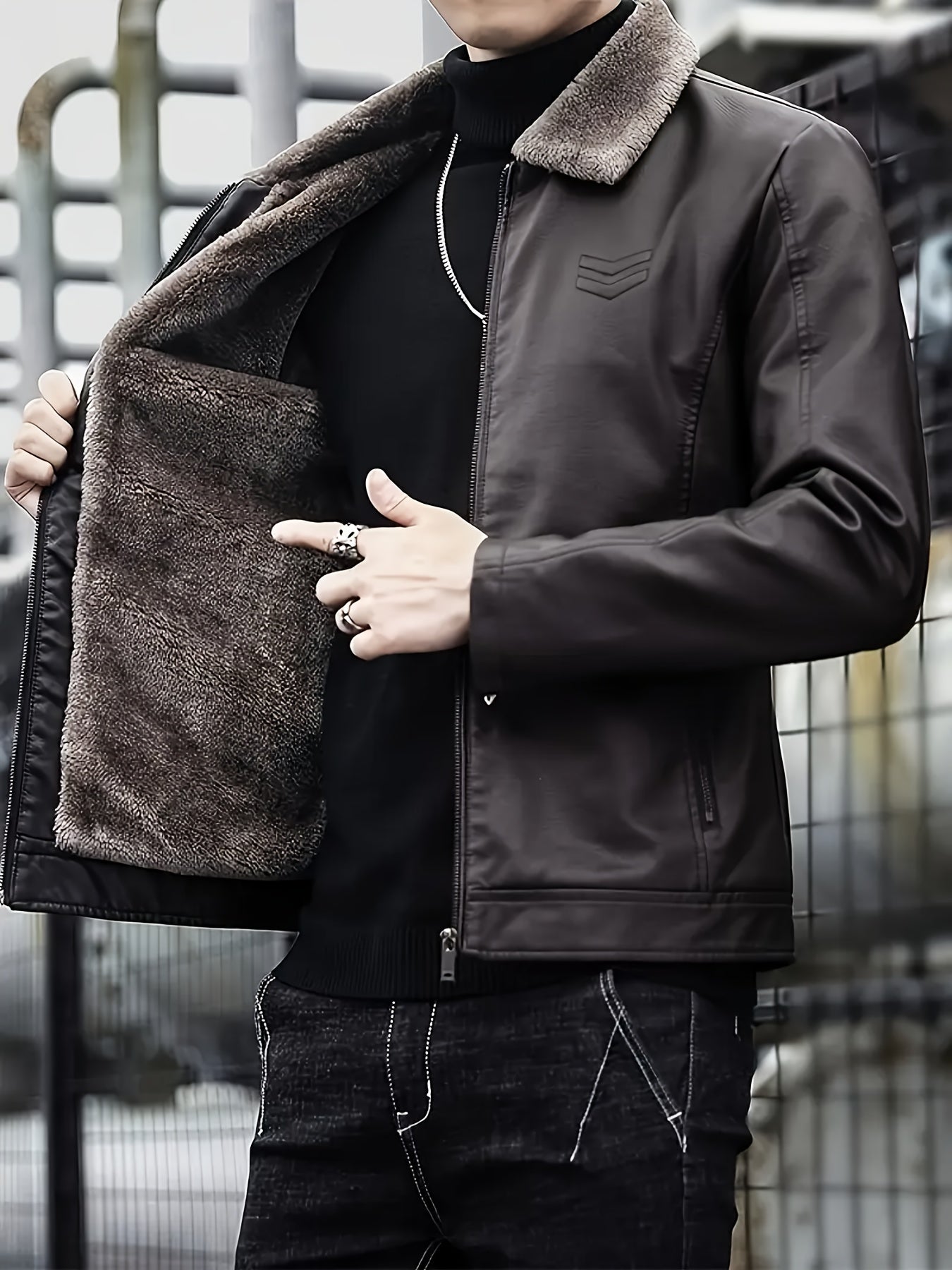 Men's Windproof Winter Jacket with Fleece & Collar, Zippered Pockets, Warm Coat for Skiing, Hiking, Motorcycle Riding - Hand Washable Cold Weather Outerwear (Black/Brown), Winter Clothes Men, Bomber Jackets For Winter, Mens W