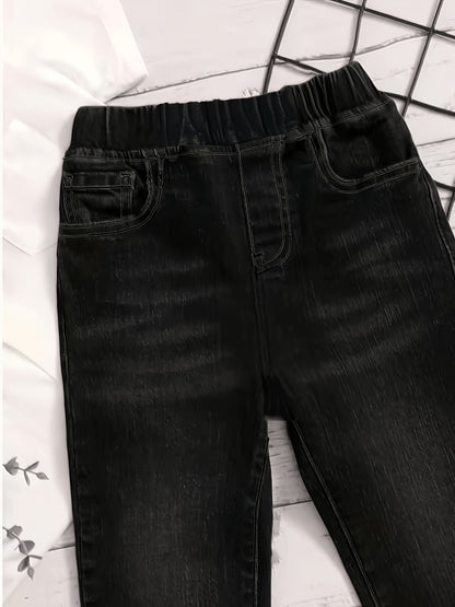 Boys' Black Denim Casual Pants with Large Pockets, All-Season