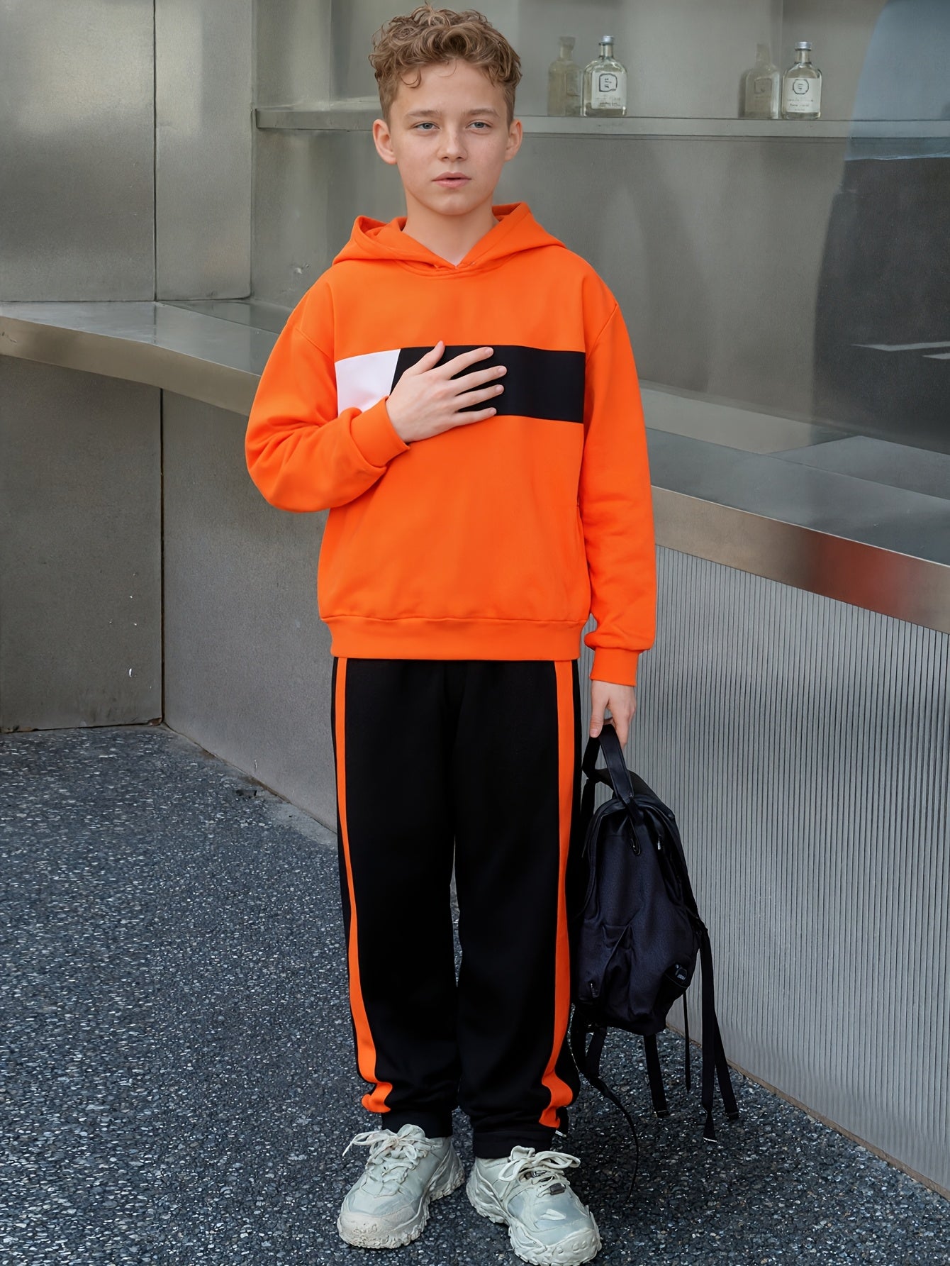 2pcs Boys' Winter Hooded Sweatsuit & Pants - Warm Sweater Outfit with Matching Long Pants, Colorblock Hoodie (Suitable for & Big Kids) - Machine Washable 2pcs set, Perfect for Outdoor