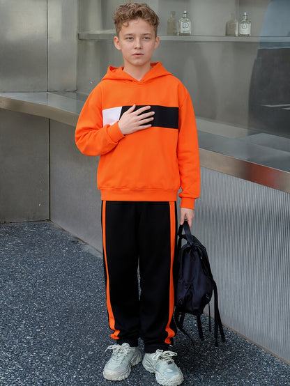 2pcs Boys' Winter Hooded Sweatsuit & Pants - Warm Sweater Outfit with Matching Long Pants, Colorblock Hoodie (Suitable for & Big Kids) - Machine Washable 2pcs set, Perfect for Outdoor