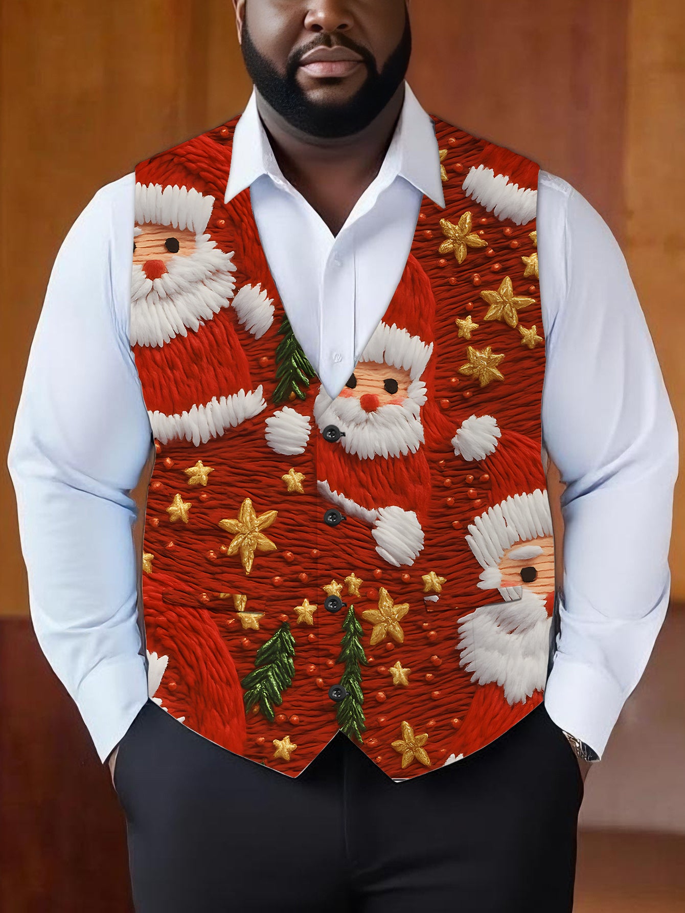 Men's Full-Body Print Santa Claus Vest with Collar & - Red/Green/White/Golden Christmas Jacket, Golden Star Buttons, All-Season Party & Casual Coat for Holiday Events, Costumes, and Casual Attire, PLUS SIZE