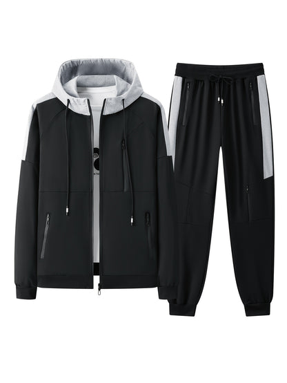 1set Men'S Sports Hooded Jacket and Joggers Set, Polyester Knit Fabric with Slight Stretch, Patchwork Design, Regular Fit, Spring/Fall Season, with Pockets