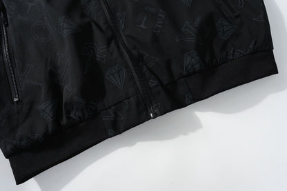 Men's Fashion Bomber Jacket Spring/Fall Collection, Casual Alphabet Print Polyester Jacket with Zipper, Baseball Collar, Long Sleeve, Regular Fit, Non-Stretch Woven Fabric, Casual Outfit with Pocket