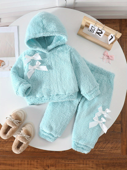Two-Piece Cute Girls' Autumn/Winter Set: Long Sleeve Hooded Plush Butterfly Top with Pants, Perfect for Daily Outdoor Wear. Cozy Faux Fur Fabric - Essential Indoor & Winter Accessory and Holiday Gift Idea, Perfect for Outdoor