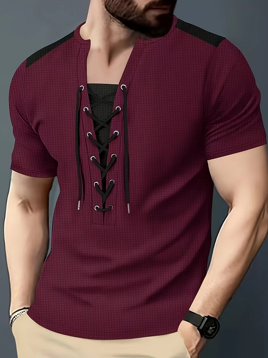 Men'S Casual Waffle Knit Short Sleeve T-Shirt with Drawstring Detail - Maroon  Black, Round Neck, Breathable Polyester Fabric for Summer Outings, Casual Weekend Wear   Round Neck Tee   Stylish Contrast Stitchin