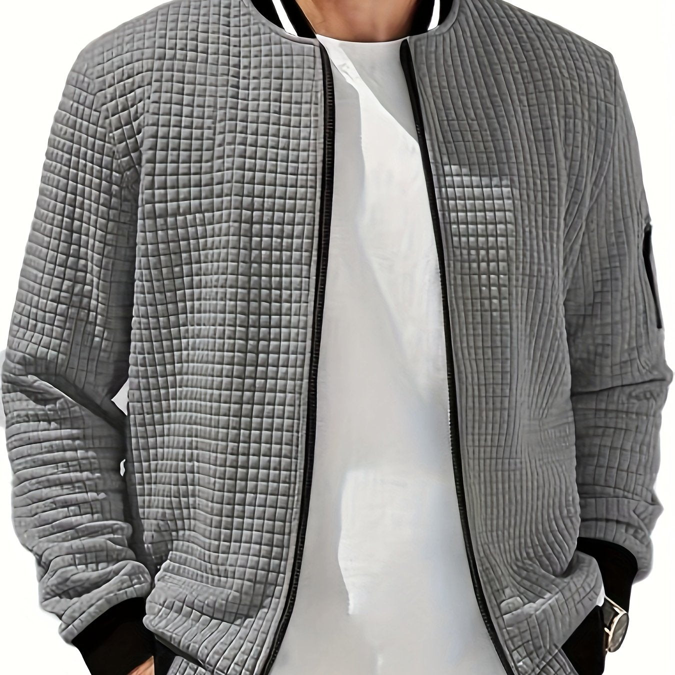 Men's Casual Bomber Jacket with Stand Collar - Polyester and Elastane Blend, Knit Fabric with Slight Stretch, Solid Color, Zipper Detail, Long Sleeve, Regular Fit