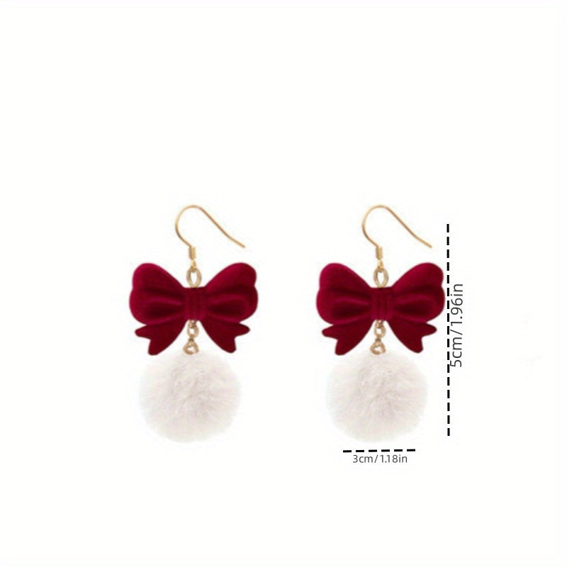 Copper Earrings Elegant Cute Red Flocking Bow White Furry Ball Design Dangle, for Winter, Christmas, Party, Gift-giving Occasion, Women