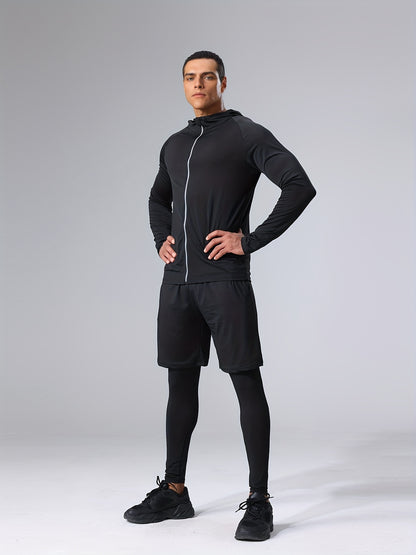4pcs Athletic Sportswear Set, Polyester 95% Elastane 5% Knit Fabric, All-Season Crew Neck Hoodie, Skinny Fit Solid Color, Breathable Quick-Dry for Running, Fitness, Cycling & Outdoor Activities
