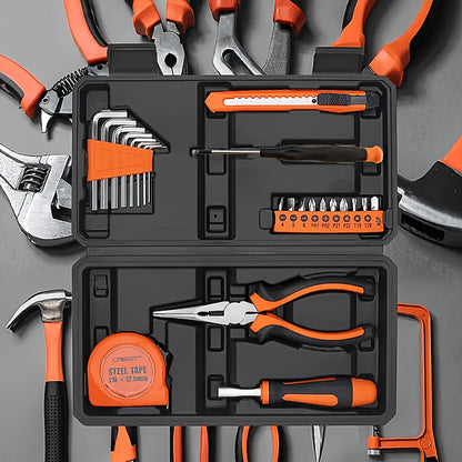 Multi functional heavy-duty manual tool kit with toolbox -20+sets of tools (pliers, hex wrench, screwdriver, tape measure), suitable for home repair, car maintenance, and DIY projects - suitable for mechanics (no power requir