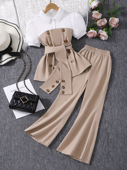 Girls' Slim Contrast Pants Set with Puff Sleeve Top for Spring