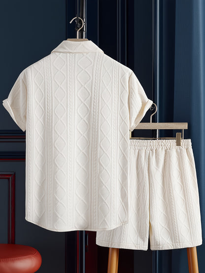 Men's Set Shirt Short Sleeve Shorts Thick Solid Color Knit Jacquard Casual Comfort High-Quality Two-Piece Set