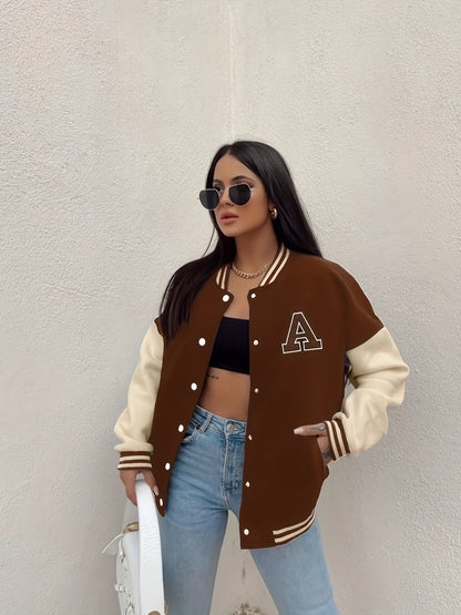 Women'S Casual Long Sleeve Baseball Jacket with "A" Letter Detail - Black & Beige Two-Tone Design, Button-Up Front, Flap Pockets, Fall/Winter Fashion Outerwear, Autumn Winter Apparel | Buttonup Jacket | Functional Pockets