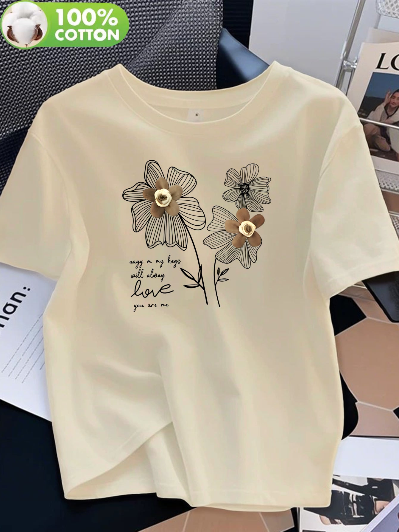 Women's 100% Cotton Casual Crew Neck T-Shirt with Floral Print
