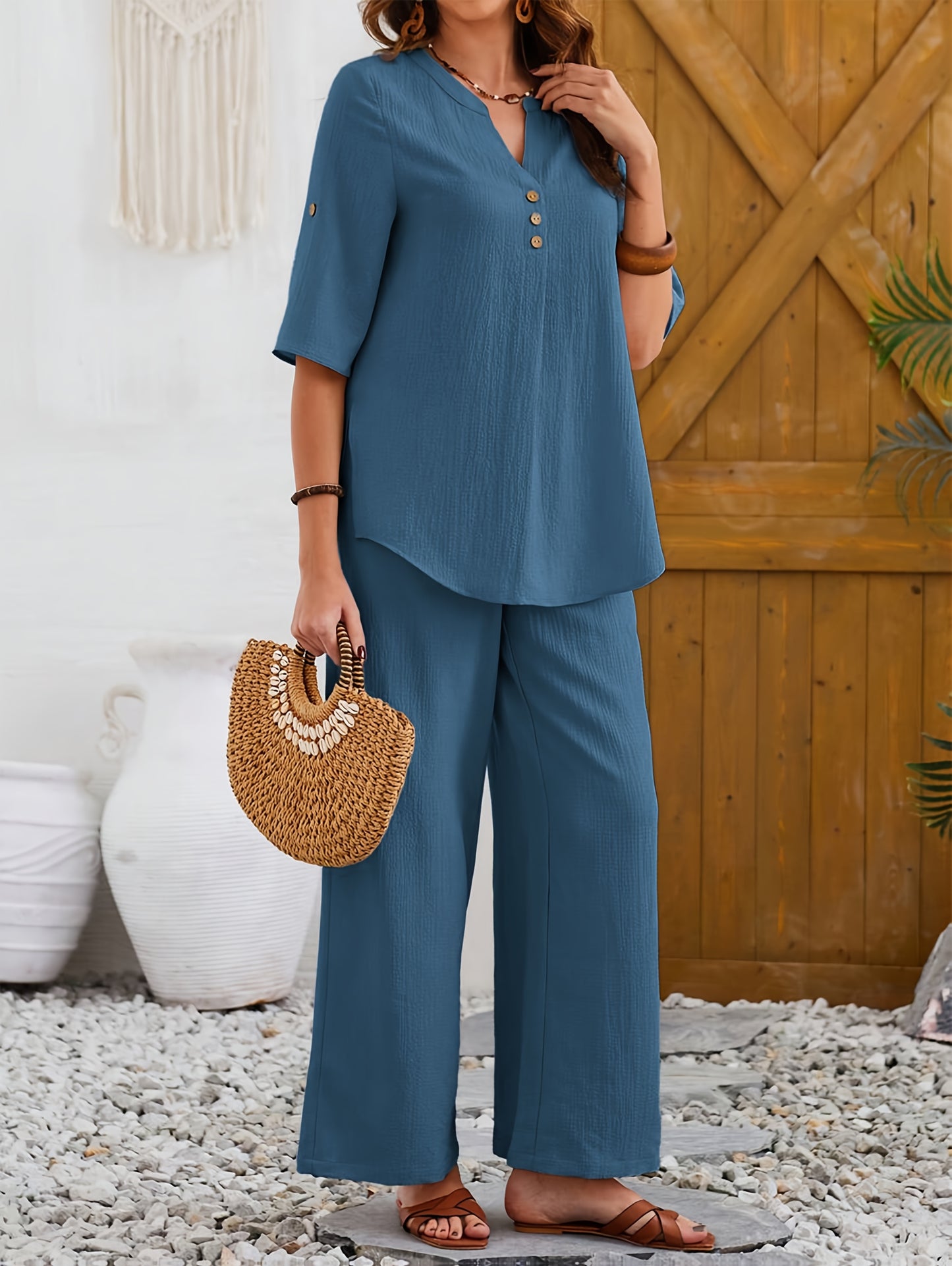 Women'S Large Size Elegant Wide Leg Pants Short Sleeve Top Set with Fake Buttons, YUKIWI