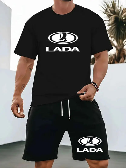 Men'S Summer Casual Sport Two-Piece Set - LADA Letter Pattern Print T-Shirt and Black Drawstring Shorts, Casual Sportswear, Regular Fit - Perfect for Summer Outdoor