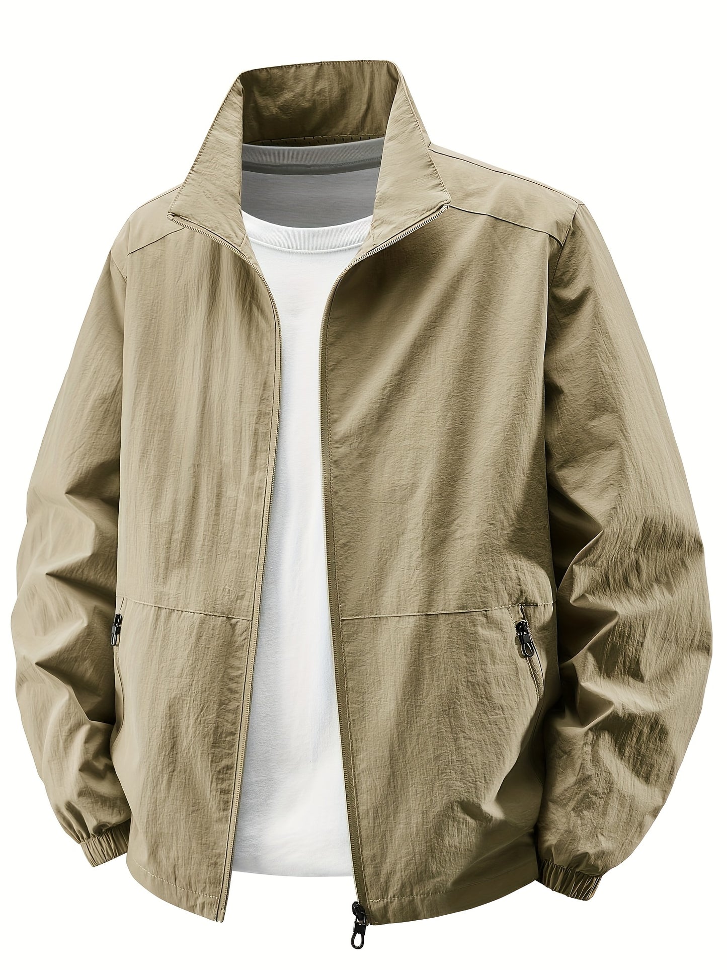 Men'S Olive Green Bomber Jacket with Stand Collar - Casual, Comfortable, Zip-Up Outerwear for Outdoor Activities, Casual Attire|Stand Collar Jacket|Zippered Jacket