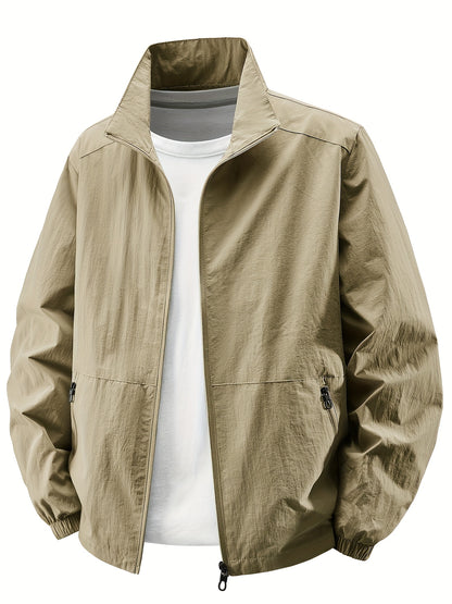 Men'S Olive Green Bomber Jacket with Stand Collar - Casual, Comfortable, Zip-Up Outerwear for Outdoor Activities, Casual Attire|Stand Collar Jacket|Zippered Jacket
