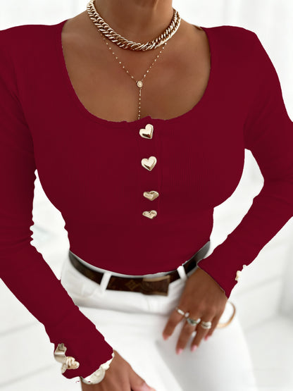 Cute, Personality, Square Neck Ribbed Tank Top with Golden Buttons, Long Sleeve + Crop Cut, Slim Fit to Show Clavicle, Stylish for Inner and Outer Wear, Versatile for Daily Commute