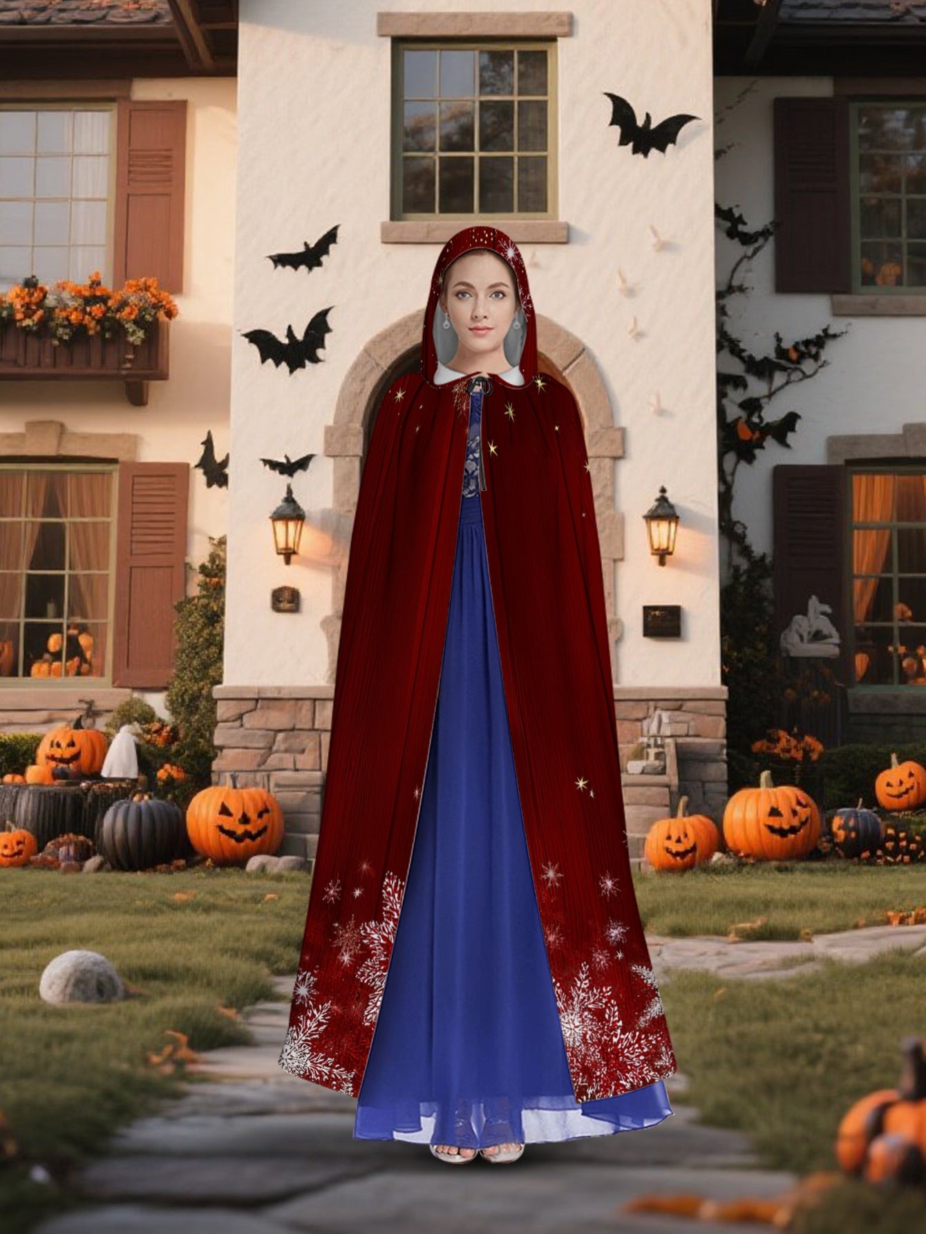 1pc Red & White Snowflake Cape with Hood - Long Flowing Winter Costume for s &, Christmas Party Costume, New Year's Eve Outfit, Themed Events - Machine Washable 100% Polyester Coat (Star Pattern Back), 2D Flat