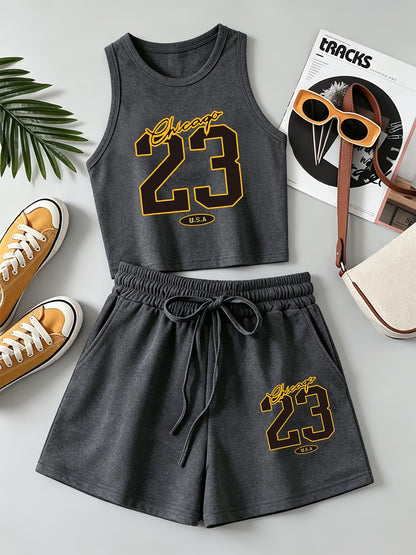 Women's Casual Printed Tank Top & Shorts Set with Pockets