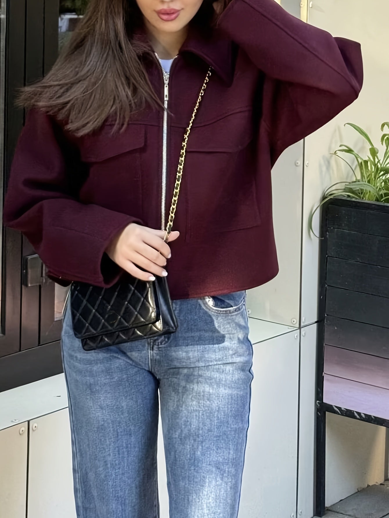 Women'S Elegant Solid Color Zipper Jacket with Large Pockets - Versatile Casual to Commuter Style, Long Sleeve, Maroon, Perfect for Fall/Winter, Casual Outerwear | Chic Zipper Jacket | Stylish Women'S Jacket